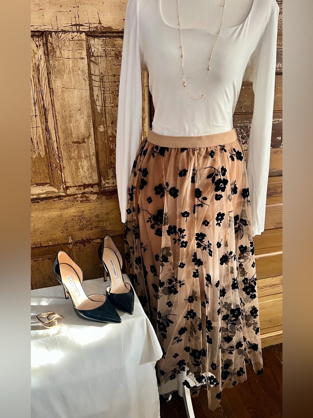 Flocked NWOT Tulle Midi Skirt | Blush/Black Velvet | Romantic Mesh Overlay